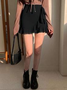 Falda corta mini volante olanes dama mujer ajustable cintura lazo juvenil viaje vacaciones romantico casual verano primavera basica - Negro - Ver 2