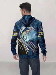 Marlin Fishing Graphic Hoodie, Casual Polyester Crew Neck Pullover, Slight Stretch Knit Fabric, Regular Fit, With Shark Pattern, For Outdoor Leisure Comfort Style, Spring/Fall Season