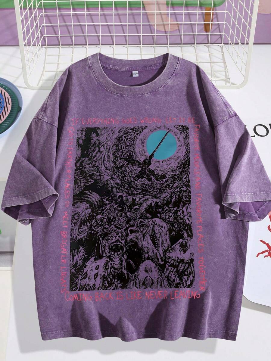EWH Vintage Men's Vintage Washed Short Sleeves With Artistic Text Printing, Loose Street Style Short SleevesDG004 - Màu tím - Xem 1