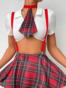 weiweihu American College Plaid Blouse Skirt Thong Printed Bow Tie Ladies Costume Ladies College Style Skirt Suit 5-Piece Set, Including Neck Ring, Bow Tie, Leg Ring. 3pack Tartan Lace Trim School Girl Costume Set  Back To School  School Lingerie Set>Sexy   Halloween Costumes Women / School Costume,Women's Sexy Underwear Rose Red Suit Net Clothes With Socks 4-Piece Set ,Cosplay Lingerie ,Lencería Sexy Para Mujeres Y2k  Corset Tops Pijamas Sexy Para Mujer   Halloween Costumes>Rave - Đỏ và trắng - Xem 2