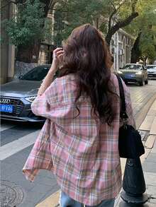 YUXIN 复古美式小众设计女式短袖格子衬衫，轻盈夏季防晒夹克，宽松百搭小码衬衫 - 粉色 - 查看 4