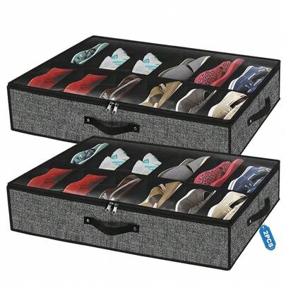 Under Bed Shoe Storage For Closet, 2-Pack Ultra-Thick Fabric Shoe Organizer, Collapsible Shoes Containers With Bottom Support, Fits Up To 24 Pairs, Gray