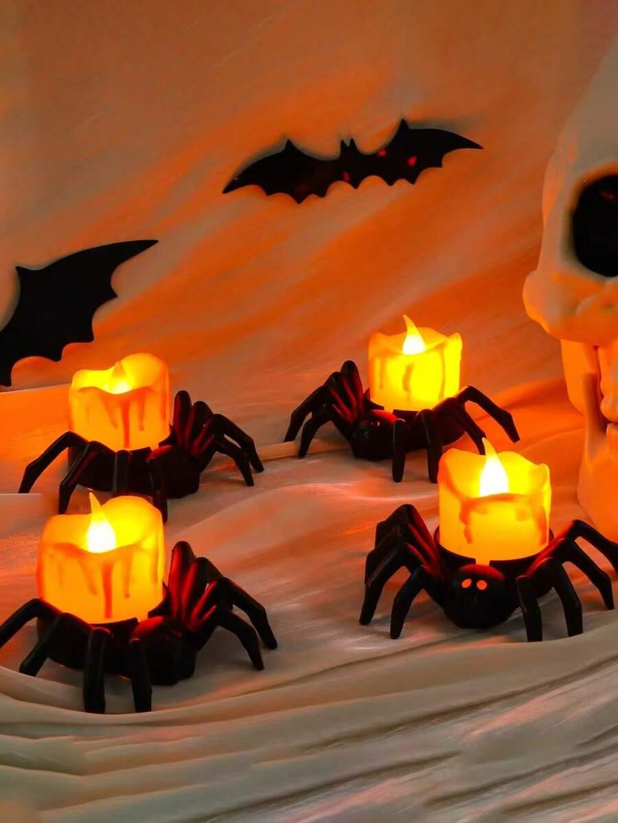 Halloween LED Pumpkin & Spider Candle Set - 2/6pcs Flameless Flickering Tea Lights For Festive Home Decor, Party Ambiance & Holiday Celebrations