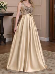 Elegancka, wieczorowa sukienka z cekinami w kolorze szampana, z wysokim rozcięciem aż do uda i odkrytymi plecami.