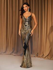 Elisanya Abito a sottoveste con scollo a V nero e oro con paillettes, adatto per feste, appuntamenti, gala, in tutte le stagioni (motivo floreale casuale sul retro, non abbinato) - nero - Visualizzare 1