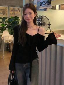 女式纯色长袖T恤，性感别致上衣 - 黑色 - 查看 4