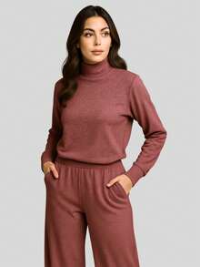 Women's Winter Sets: 2-Piece Set | Warm Fleece Trousers + Cacharrel Turtleneck Long Sleeve Top - 紅色和粉紅色 - 查看 2