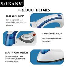 Plancha de vapor de viaje SOKANY 6047, quitarruga de ropa, 700W de alta potencia, calentamiento rápido, control de temperatura múltiple, pantalla LED para ajuste fácil. Suela de cerámica, fácil de planchar cuellos, botones y otras áreas pequeñas. Adecuado para viajes y personas de negocios como un útil compañero del hogar.