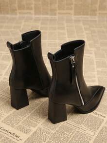 2025 Autumn New Black Versatile Elegant Punk European & American Style Women's Thick Heel High Heel Pointed Toe Ankle Boots, Fashion Ankle Boots For Autumn/Winter - Black - View 5