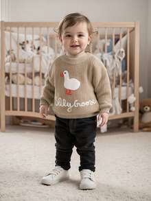 Toddler Baby Boy Girl Goose Outfits Sweater Silly Goose Embroidery Long Sleeve Sweatshirt Chunky Knit Pullover Tops - 卡其色 - 查看 4