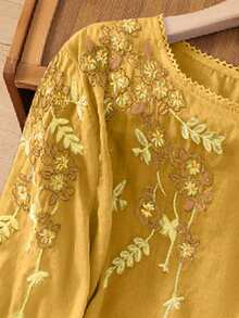 Women's Embroidered Loose Bohemian Vintage Blouse, Casual Spring/Summer Top Vacation - Yellow - View 3