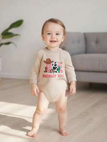Baby Girl First Birthday Sweatshirt Romper 6-12 Months Long Sleeve Bodysuit Goose/Cowgirl Hat Letter Print Infant Girls Jumpsuit 1st Birthday Outfit 12-18 Months - Apricot - View 5