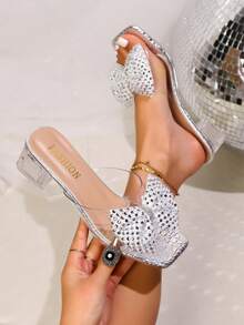 女士高跟凉鞋，一体式蝴蝶结水钻粗跟百搭高跟鞋，时尚优雅休闲高跟鞋 - 銀色 - 查看 5
