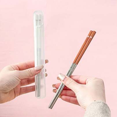 Portable 24CM 316 Stainless Steel Chopsticks With Cutlery Box, Cute Cartoon Pattern Chinese Chopsticks , High Temperature Resistant And Reusable Sushi Stick, Mildew Resistant Tableware, Dishwasher , Suitable For Student And Adult Use In Home, School, Office, Outdoor Camping, Picnic, Travel