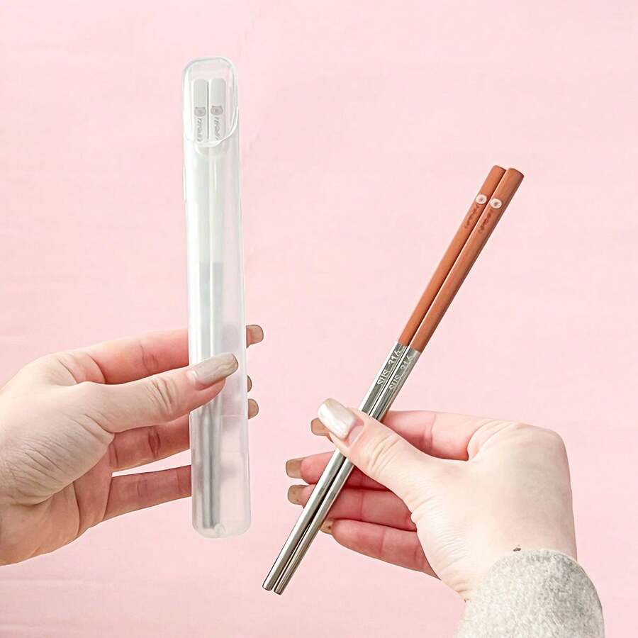 Portable 24CM 316 Stainless Steel Chopsticks With Cutlery Box, Cute Cartoon Pattern Chinese Chopsticks , High Temperature Resistant And Reusable Sushi Stick, Mildew Resistant Tableware, Dishwasher , Suitable For Student And Adult Use In Home, School, Office, Outdoor Camping, Picnic, Travel - Multicolor - View 1