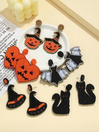 1 Pair Handmade Beaded Halloween Bat, Devil, Pumpkin, Witch Hat Bohemian Gothic Style Earrings, Suitable For Daily Wear And Party Decoration