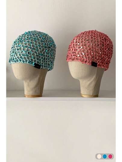 1pc Black Label With Sequin Lettering. Handmade Crochet Hollow Sequin Beanie Hat, Fashionable Vintage Versatile Lightweight Breathable Knit Cap For Women, Suitable For Spring And Summer