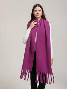 1件装女士秋冬新款毛绒流苏围巾，保暖舒适大披肩，防风保暖，适合户外活动，简约百搭，日常搭配连衣裙也同样适用。 - 11-紫玫紅 - 查看 7