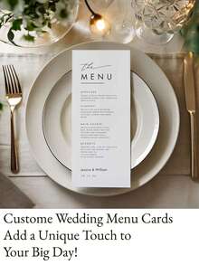 1 件/10 件/20 件定制优雅简约婚礼菜单 - 现代脚本，铜版纸，10x23 厘米，有 1 件、10 件或 20 件可供选择，可编辑的招待晚宴菜单，简约婚礼晚宴菜单 - 非常适合优雅的婚宴、新娘送礼会、订婚派对和周年纪念 - 送给新娘办公室、茶室、家庭、浴室、餐厅、圣诞节的理想礼物 - 彩色 - 查看 6