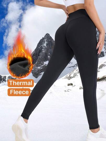 单件装保暖内衬压缩紧身裤，塑形提臀，柔软保暖，适合瑜伽、健身、户外运动、骑行、跑步、室内健身房训练，侧边口袋，保暖速干，女士冬季款