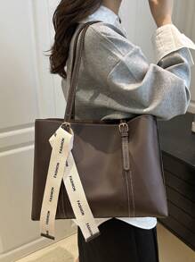 女士多功能纯色手提包，PU 皮革多隔层单肩包，配有丝巾装饰，轻便大容量手提包，适合日常办公使用，时尚防水耐用方形手提包，母亲节的绝佳礼物。 - 咖啡 - 查看 4