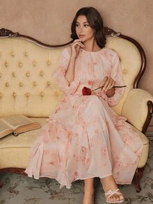 Savoree Váy voan satin tay đèn lồng họa tiết hoa màu hồng dáng chữ A, nhún bèo eo thanh lịch dành cho nữ, mùa xuân/lễ Phục sinh - Xem 6