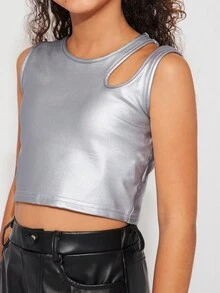 Radiana Tween Girls' Sports Street Fashion Elastic Faux Leather Sleeveless Tank Top - Silver - View 5