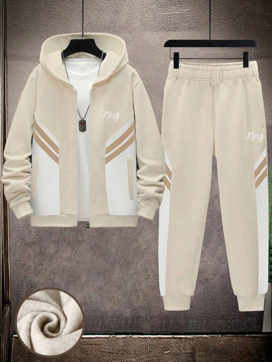 2pcs/Set Boys & Teens Casual Sports Contrast Color KING Print Hoodie Sweatshirt And Contrast Color Pants Set, Spring/Autumn - Apricot - View 1
