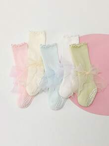 1 Pair Girls' Bow Decor Princess Mid-Calf Socks, Non-Slip Indoor Floor Socks, Toddler Socks, Spring/Autumn
