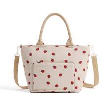 1 Piece Cute Floral&Bow Pattern Insulated Lunch Box Portable Lunch Tote Bag With Handle Corduroy Lunch Bag With Cherry Print Zippered Lunch Handbag With Woven Rope Decor Large Capacity Food Storage Bag With Compartment Suitable For Picnic, School, Office, Camping Suitable For Students, Teachers, Office Workers, Family Good Choice For Teacher's Day Gifts, Mom Gifts, Children's Day Gifts Back To School School Stuff Bag For School Lunch Bag For Women Cooler Bag Picnic Accessories, Home Decor, Party & Christmas Storage - 草莓 - 查看 1
