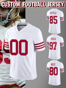 Top de Futebol Americano Masculina Bordada com Nome & Número, Camiseta Branca de Manga Curta com Decote em V Personalizada para Treinamento de Partidas Esportivas, Tamanho P-GG Verão - Branco - Visão 1