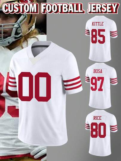 Customized Name & Number Men's Embroidered American Football Jersey, San Francisco White V-Neck, Personalized Short Sleeve Shirt, For Party, Match, Training, Sports, DIY, Size S-XXL Summer