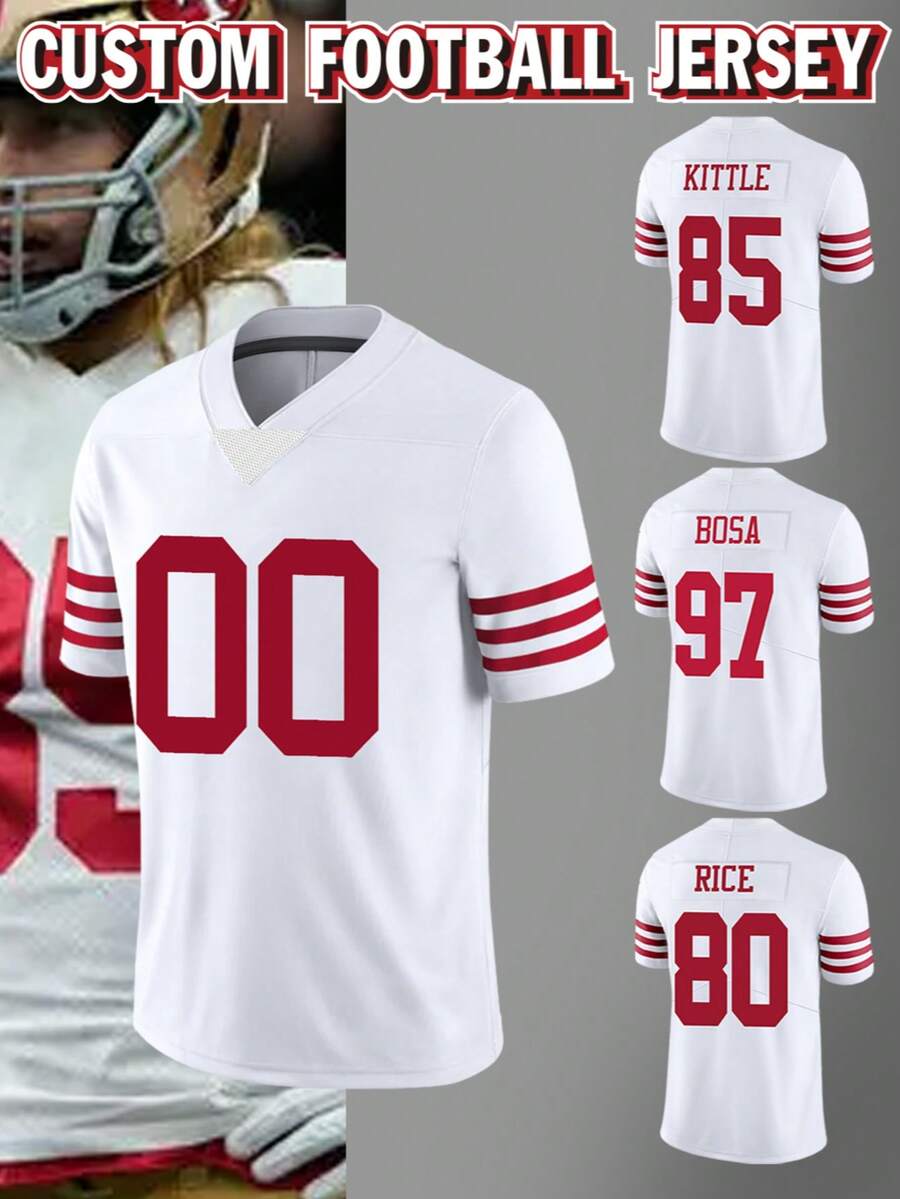 Top de Futebol Americano Masculina Bordada com Nome & Número, Camiseta Branca de Manga Curta com Decote em V Personalizada para Treinamento de Partidas Esportivas, Tamanho P-GG Verão - Branco - Visão 1