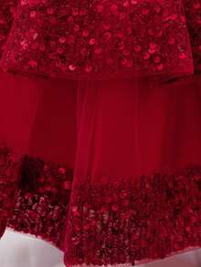 女婴亮片薄纱可爱花童婚礼拖尾礼服，适合派对、生日、外出等场合，不含头饰 - 酒紅色 - 查看 9