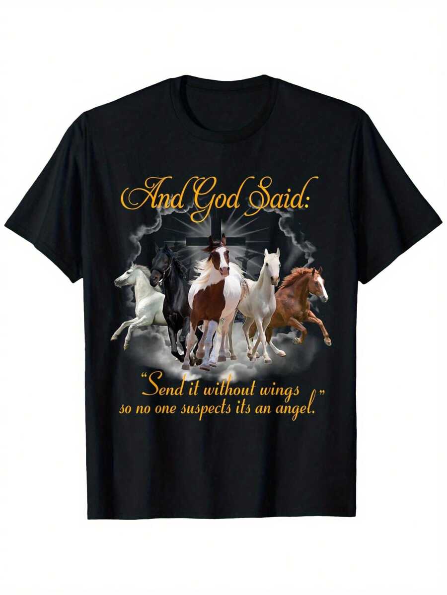 Summer Plus Size Women Clothes Horse Send It Without Wing Outdoor Adventure Tee Summer Women's T-Shirt, Soft And Breathable, Perfect For Daily Wear, Outdoor Activities, Travel, And Casual Style, Comfortable All-Day Fit! - 黑色 - 查看 1