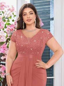 Plus Deep V-Neck Sequin Lace Contrast Ruched Draped Front Mermaid Hem Evening Party Formal Dress - Dusty Pink - View 8