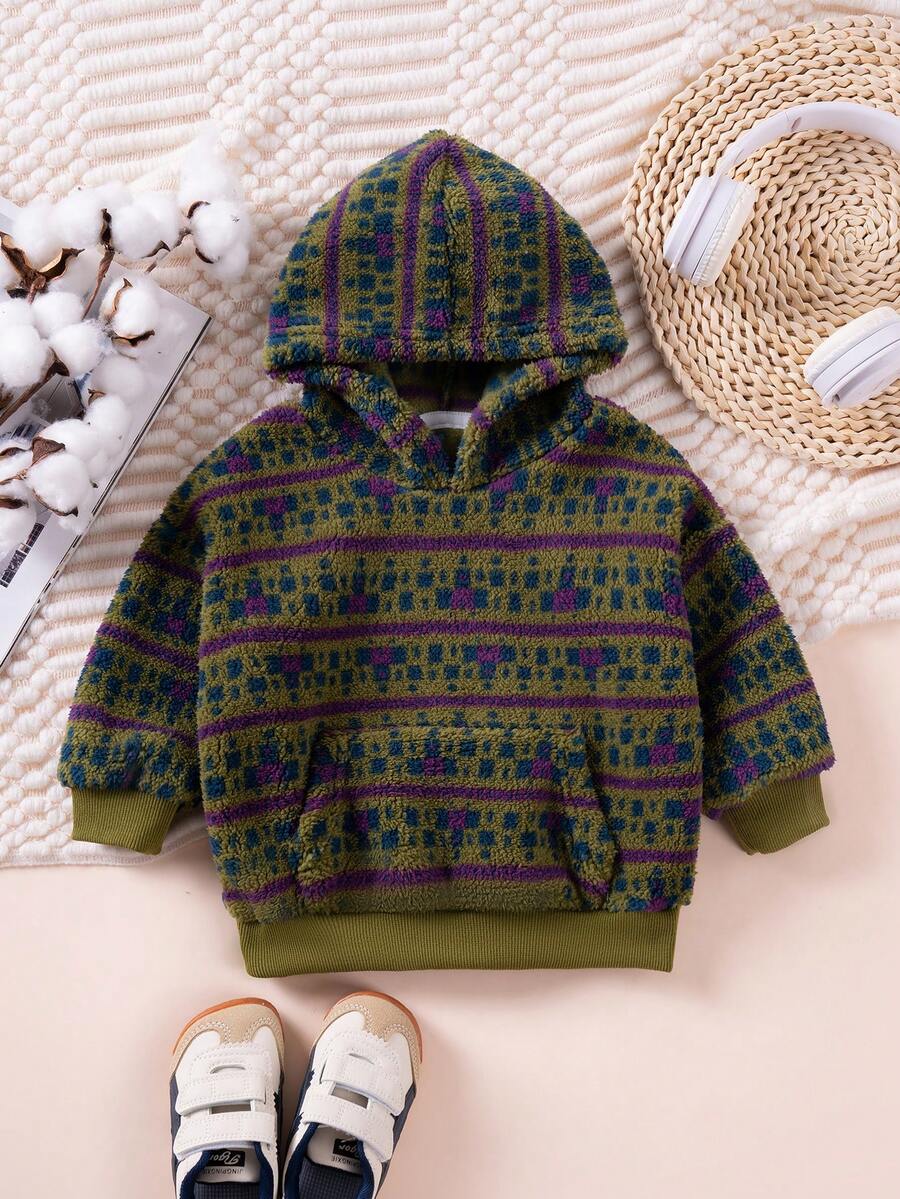 1 pieza Sudadera con capucha informal para niños, verde militar con estampado total, forro polar, bolsillos, otoño/invierno