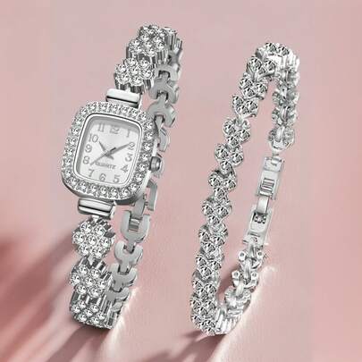 2 pièces/set Montre femme de luxe avec bracelet en alliage, montre à quartz avec cadran en cristal, convient pour un port quotidien, excellent cadeau