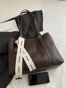 女士多功能纯色手提包，PU 皮革多隔层单肩包，配有丝巾装饰，轻便大容量手提包，适合日常办公使用，时尚防水耐用方形手提包，母亲节的绝佳礼物。 - 咖啡 - 查看 2