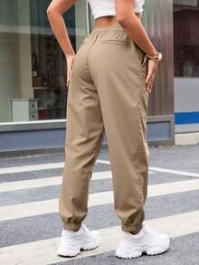 Dama Mujer Joven Juvenil Jeans Jogger Deportivo fresco ligero ajustable corte cómodo informal casual Cintas cintura Elástico tobillos Bolsas  Casual  Fiesta    Satén    Cordón    Diario    Todas las temporadas - Café integral - Ver 2