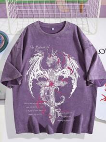 EWH Men's Vintage Washed, Gothic Style, Printed T-Shirt, American Retro, Dark Street, Loose Short Sleeved ShirtDG0004 - 紫色 - 查看 1