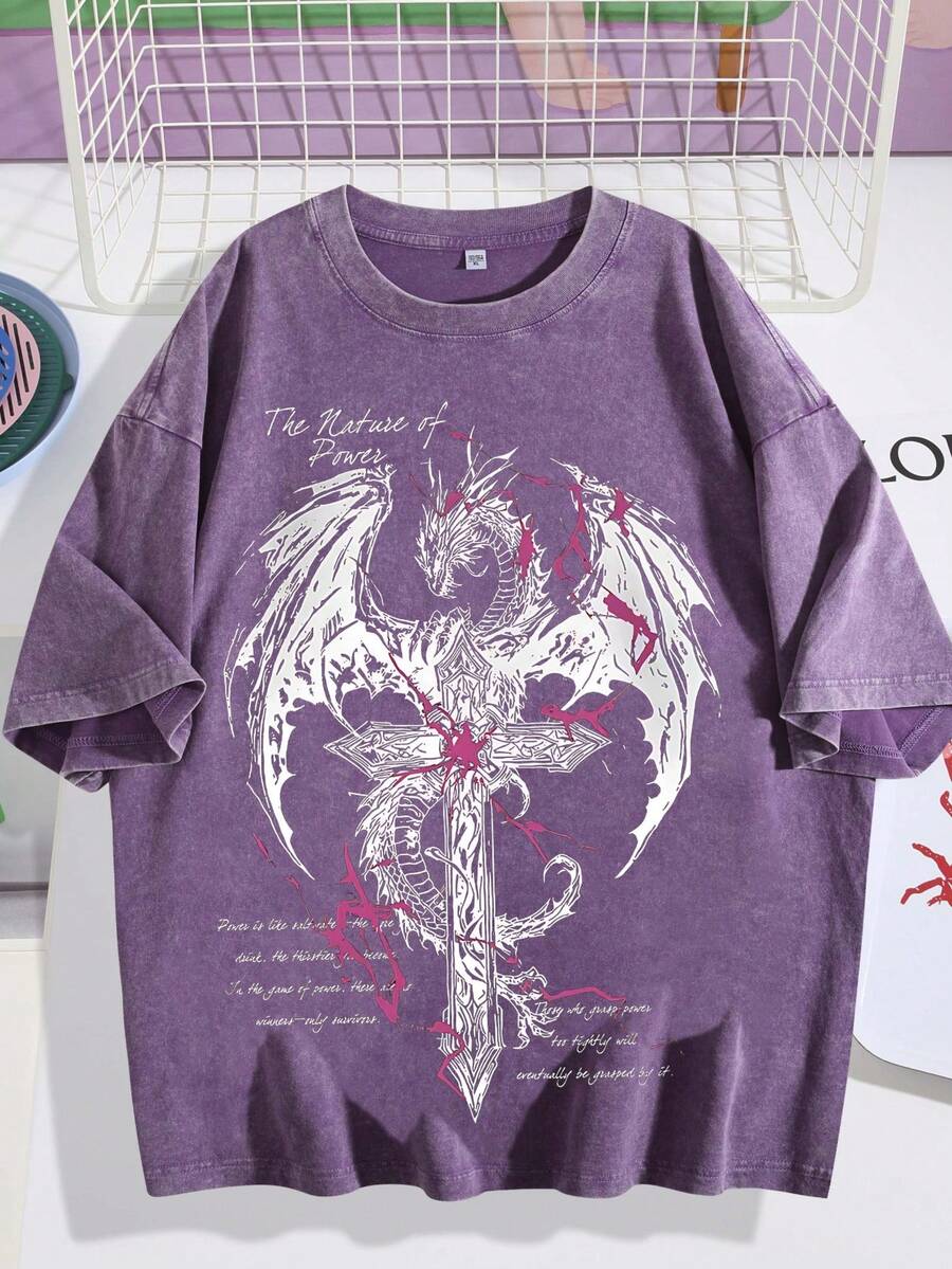 EWH Men's Vintage Washed, Gothic Style, Printed T-Shirt, American Retro, Dark Street, Loose Short Sleeved ShirtDG0004 - 紫色 - 查看 1