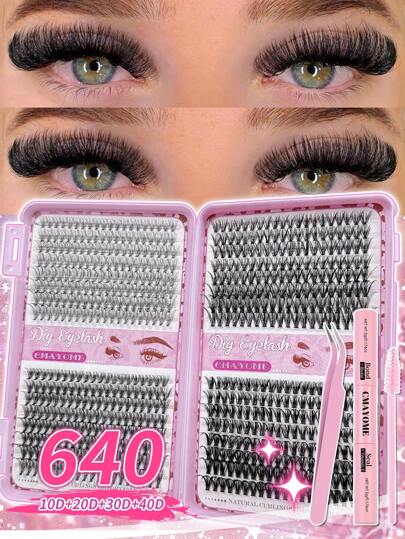 640 piezas D Curl Aspecto Natural 10D+20D+30D+40D+50D+60D+80D+100D Mezcla de pestañas negras densas para principiantes, libro de pestañas de alta capacidad, pestañas postizas clásicas de manga artificial, duraderas para maquillaje de ojos, uso diario, fiestas, bodas, Navidad, festivales de música, incluye pegamento para pestañas, pinzas y cepillo para pestañas. Kit de racimos de pestañas, pestañas postizas