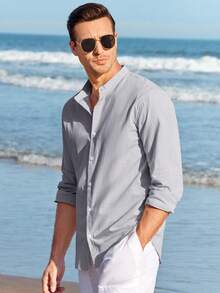 Runcati Men Linen Shirt Button Down Long Sleeve Cotton Beach Band Collar Casual Summer Shirts - Xám - Xem 4