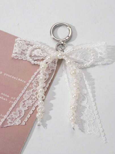 Lace Bowknot And Faux Pearl Keychain Wallet Charm, 1 Piece Set, Y2K Bead Pendant For Bags, Shoes, And Bowknot Decorations.