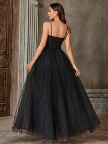 Women Black Elegant Wedding Dresses Sleeveless Straps Long Party Function Gorgeous Dresses - Black - View 4