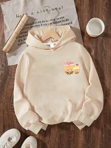 1 chiếc áo nỉ hoodie bé gái tuổi teen in họa tiết trà sữa ngọc trai dễ thương, ấm áp, mềm mại thoải mái, mặc thường ngày phong cách casual cho mùa xuân và mùa thu - Màu be - Xem 2