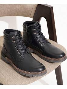 SHOESMALL Men's Waterproof Leather Work Boots With Rubber Sole Fashion  Ankle Black  PU Shoes Casual Boot Hiking Zipper Chukka Boots For Men - AMY8118A-blackpu - 查看 3
