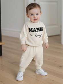 Newborn Baby Boys Outfit Waffle Knit Long Sleeve Mama's Boy Embroidery Sweatshirt Top Pants Set Infant Bodysuit Fall Winter Clothes - 卡其色 - 查看 5