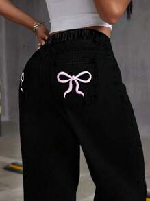 Pantalones vaqueros anchos informales con lazo y estampado gráfico para niña preadolescente